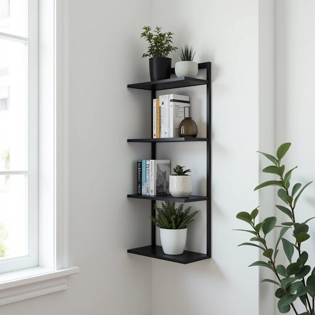 Corner shelving unit installed in minimalist apartment corner with books, decorative plants, and ceramic items displayed on shelves