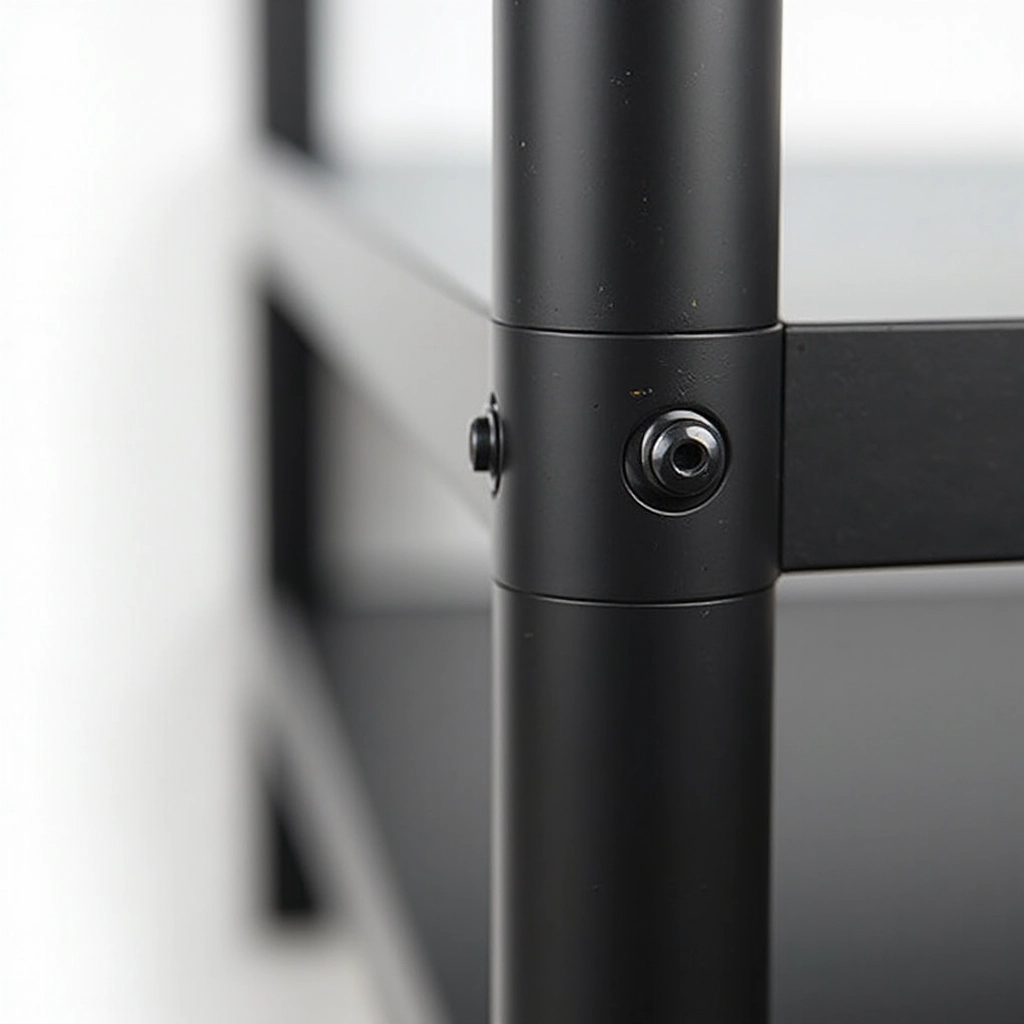 Close-up detail of black steel corner shelving unit showing welded frame joints and adjustable shelf brackets