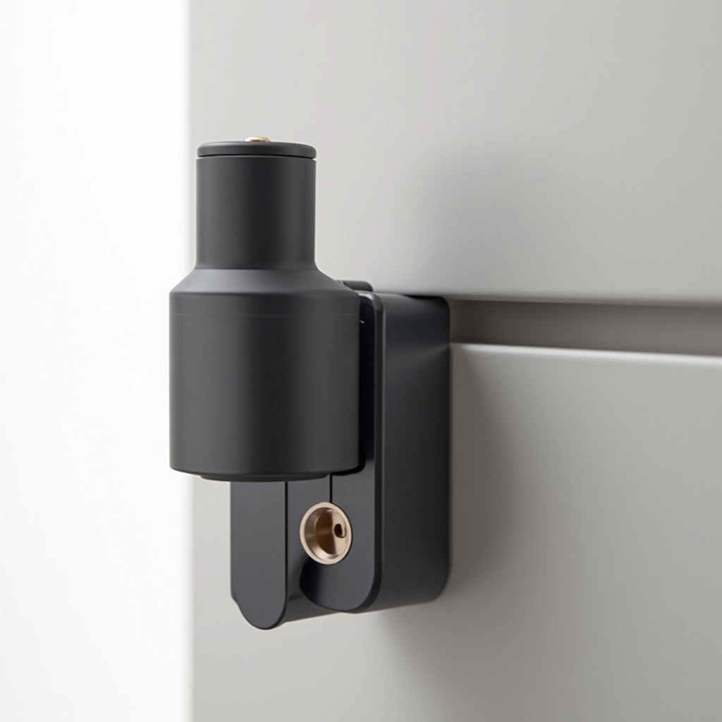 Detail shot of matte black metal hinge mechanism on wall-mounted desk showing pneumatic cylinder and bracket