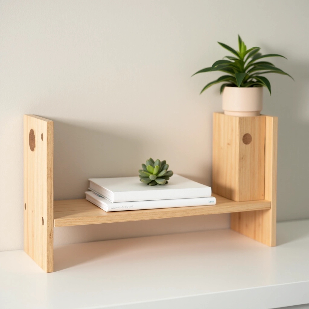 Close-up view of wall-mounted birch desk shelf with notebooks and small decorative plant, natural wood grain visible