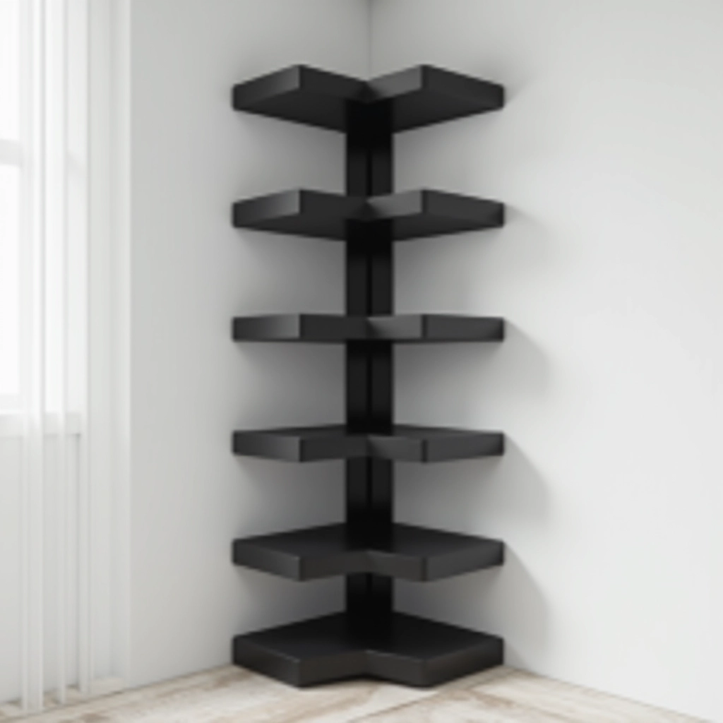 Five-tier black steel corner shelving unit installed in room corner, showing storage capacity