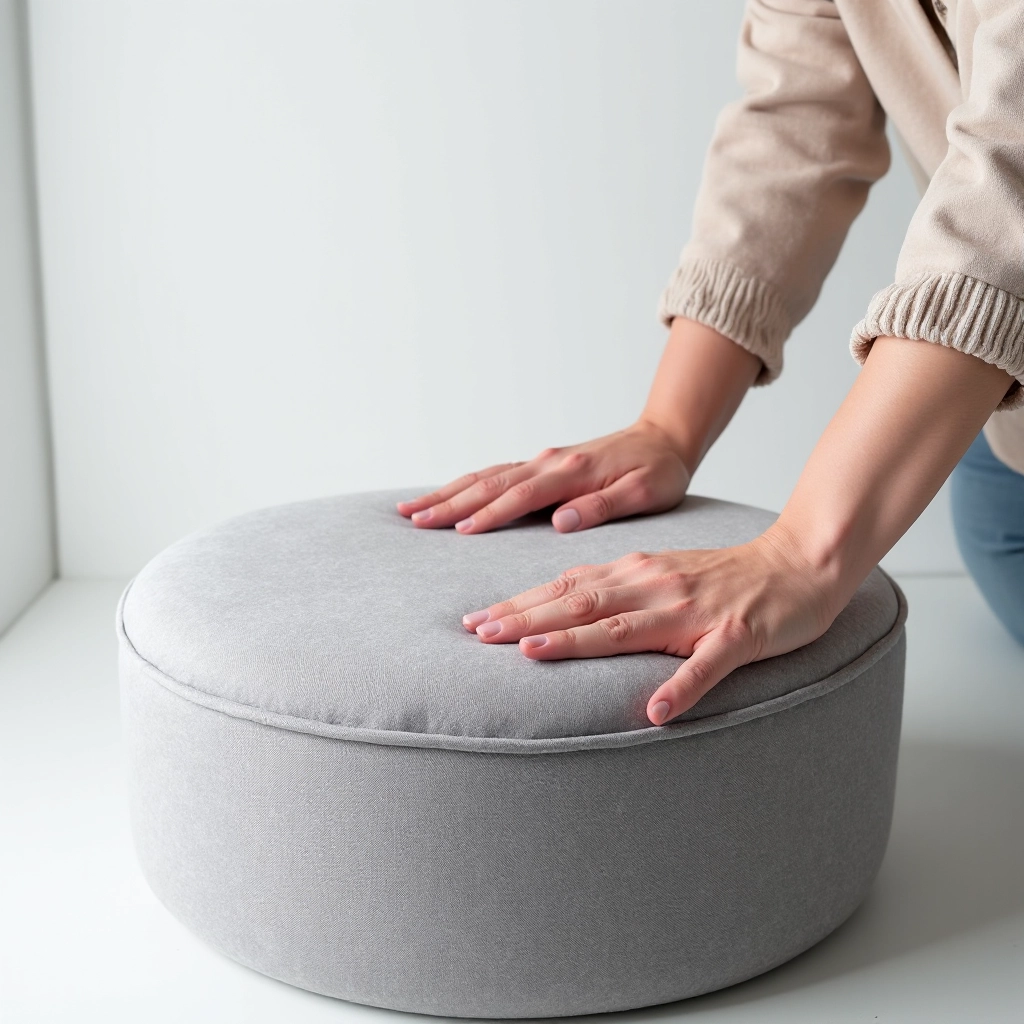 Hands demonstrating proper cleaning of grey linen ottoman surface with soft cloth, showing care technique for maintaining upholstery