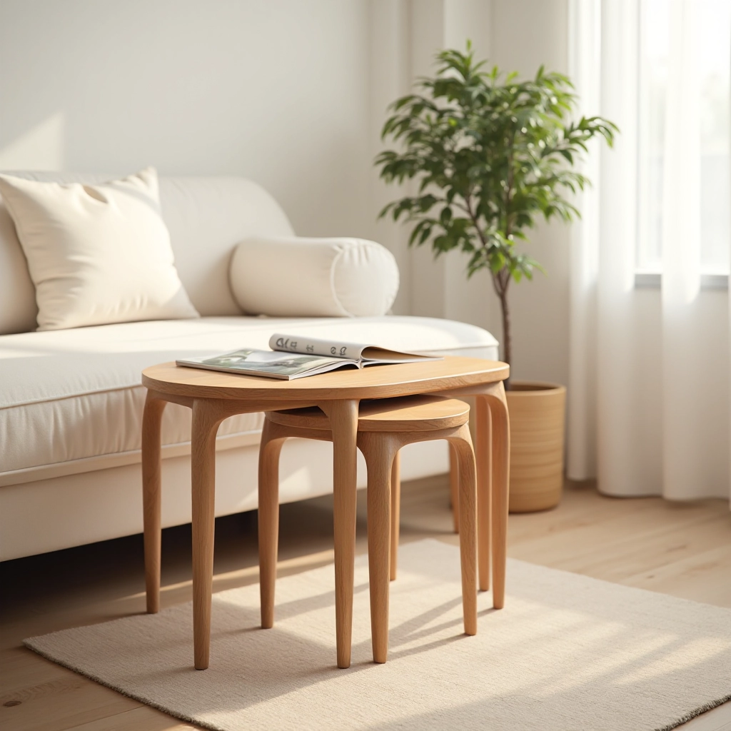 Nesting tables styled in a modern living room setting with plants and décor, showing practical use