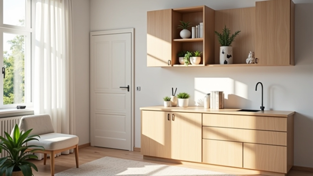 Modern apartment interior with compact furniture, natural lighting, organized shelving, bright minimalist space