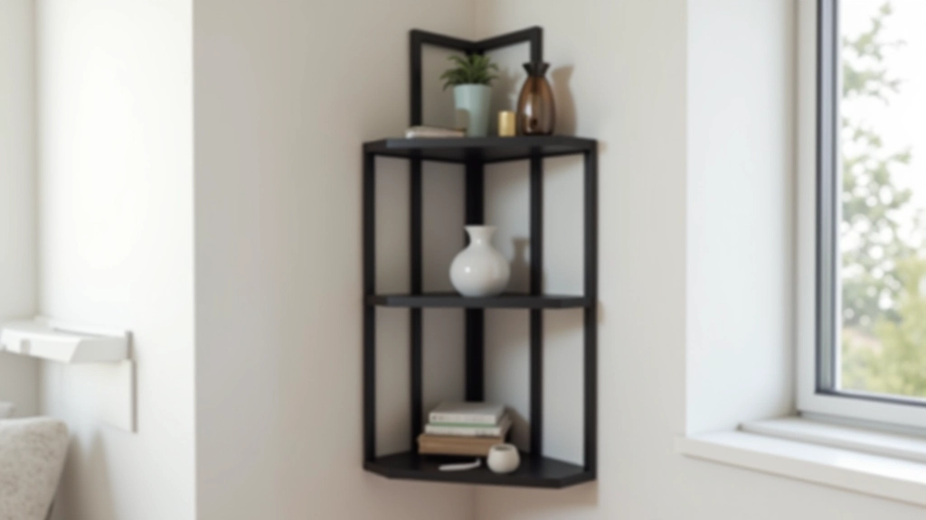 Corner shelving unit with black steel frame, modular design for compact storage in small apartments