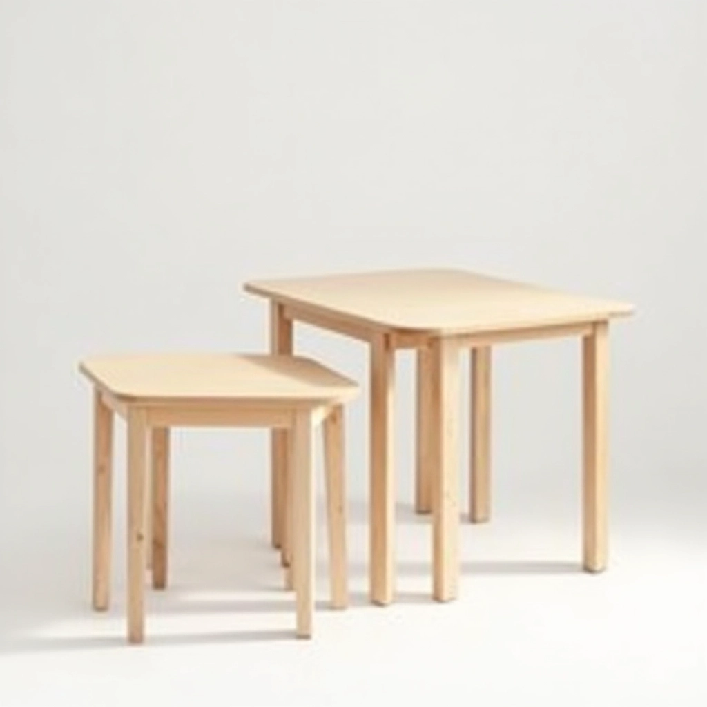 Wooden nesting tables displayed separately showing both sizes and proportions, side view, natural daylight