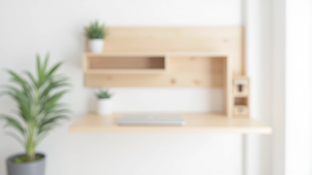 Wall-mounted desk in birch wood with built-in storage shelves above, space-saving workspace solution