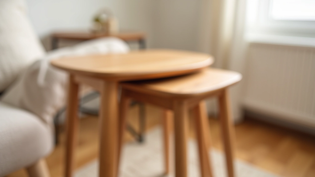 Nesting Tables in walnut oak positioned in a small living room