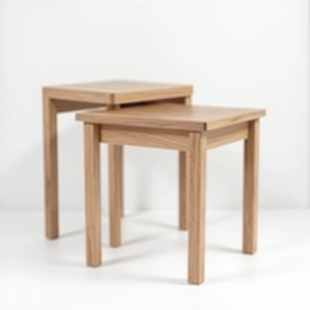 Two wooden nesting tables in warm walnut oak finish, larger table in front showing interlocking design, studio lighting