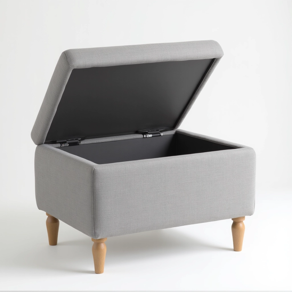 Grey upholstered storage ottoman with linen fabric, shown with lid open revealing interior storage