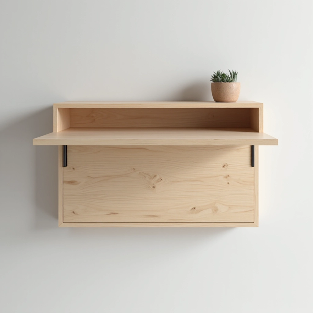 Wall-mounted birch desk with storage compartments, shown in folded and extended positions